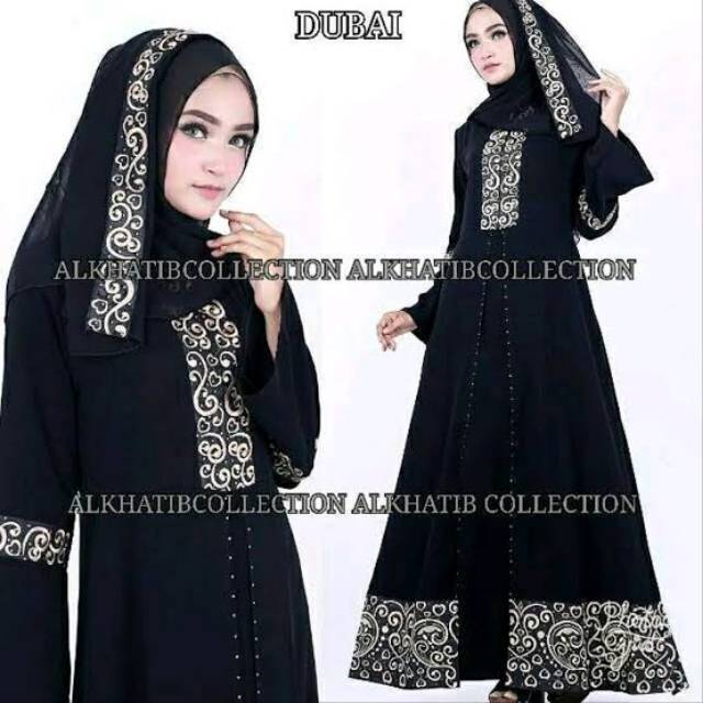 Abaya Pesta Muslimah Mewah Gamis Hitam Bordir Emas Dress Alkhatib Dubai Busui