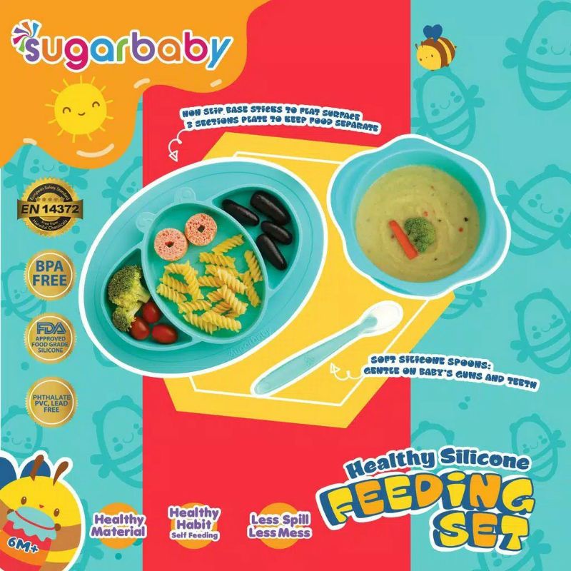 Feeding Set Makan Bayi SUGARBABY Piring Set Mangkok Silicone Wadah makan Bayi Healthy Silicone FEEDING SET ISI 3 ALAT MAKAN BABY SUGARBABY