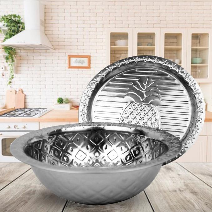 ✅New Wadah saji Baskom Stainless ukuran 30 CM Dengan tutup Bermotif Nanas