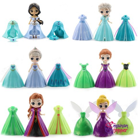 MTOP Princess Frozen Tinkerbell Ganti Baju Figure Set isi 6 Dress 18 Mainan M645
