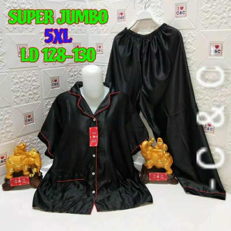 BAJU TIDUR PIYAMA/CP SUPER JUMBO 5XL/LD 130/SATIN VELVET-Hitam