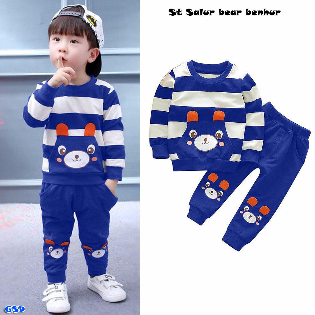 St salur bear/setelan baju celana anak motif beruang/Stelan celana salur anak laki lucu casual murah