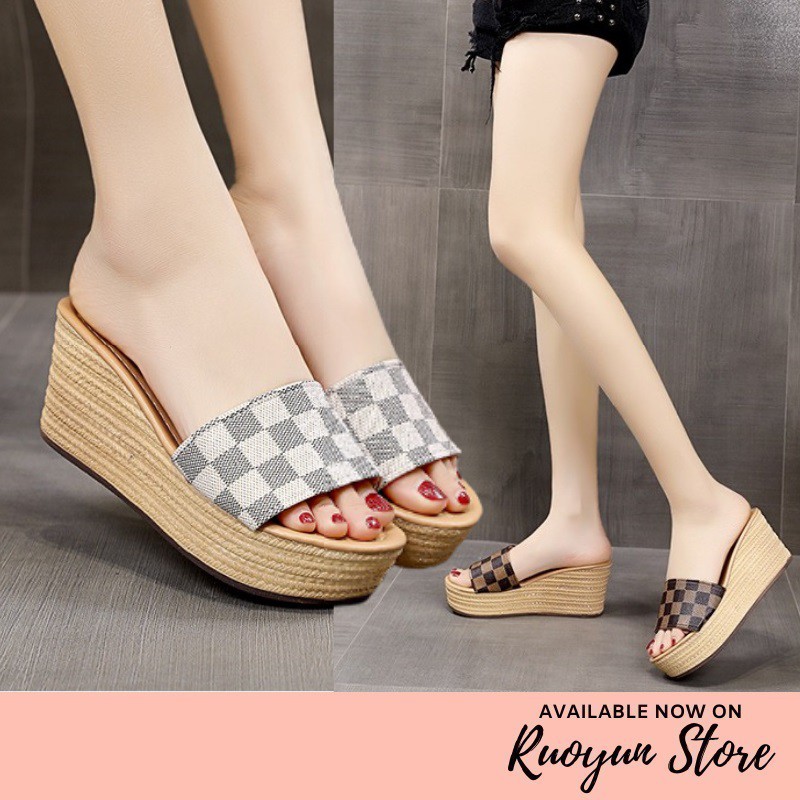 RYX - Plaid Slipges Sandal Pump Wedges Fashion Casual - Ori Import