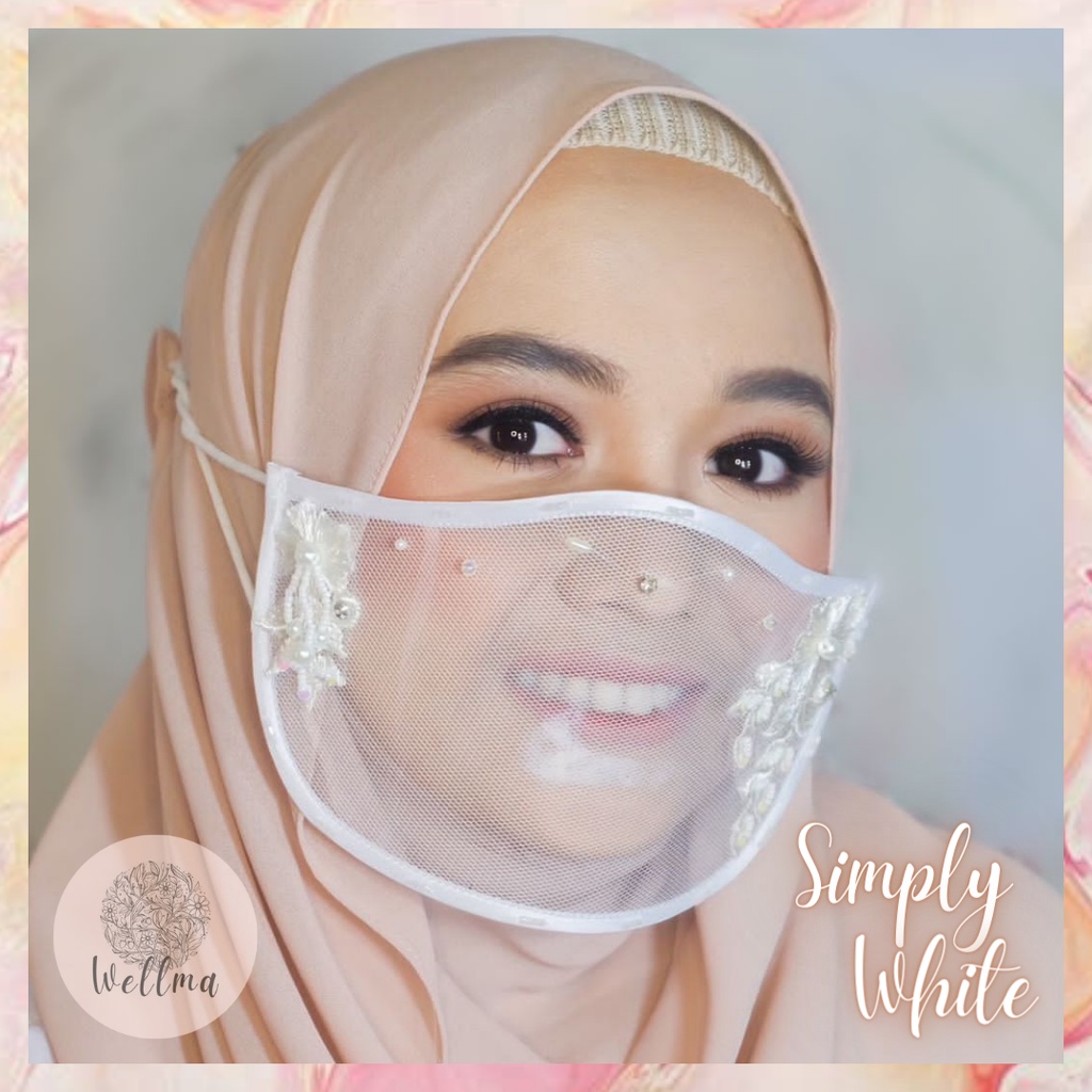 Masker Brukat Premium Cantik Pengantin Hijab Pesta Transparan Payet Mika Putih Simple