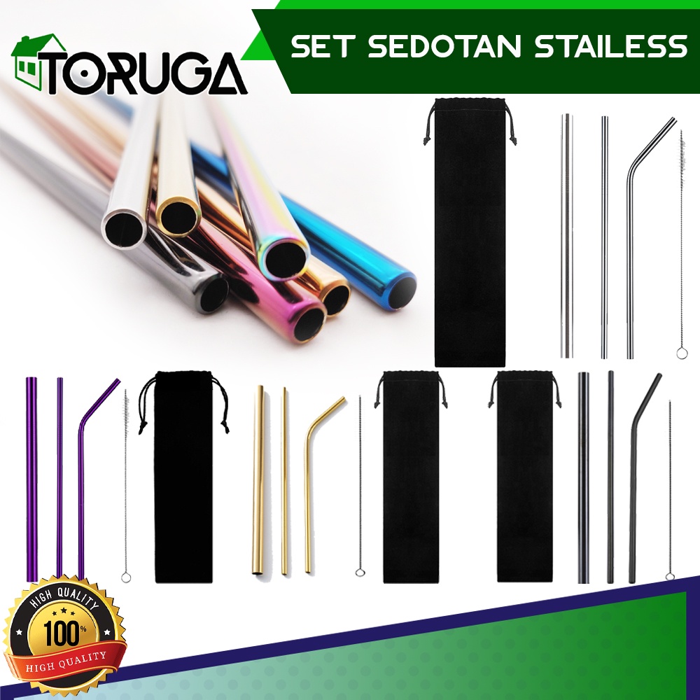 ECO Set 5 in 1 Sedotan Stainless Steel Reusable Ramah Lingkungan Warna Warni Praktis