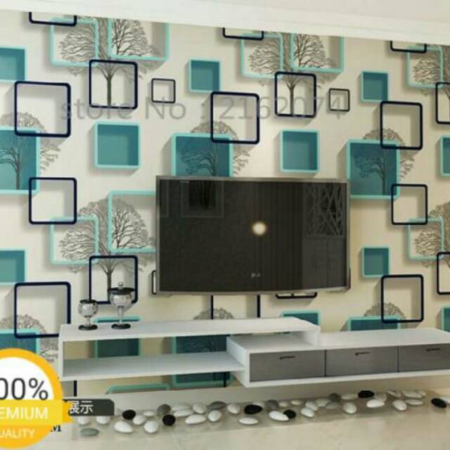 Wallpaper stiker dinding motif 3D kotak ijo toska