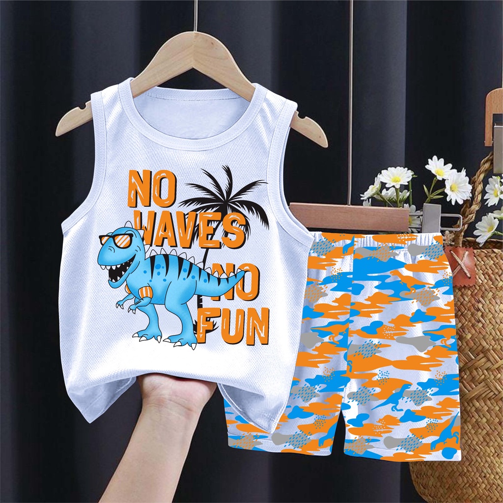 BAJU ANAK SINGLET SETELAN DINOSAURUS FULL PRINT UNTUK UKURAN 2-10 TAHUN BISA COD