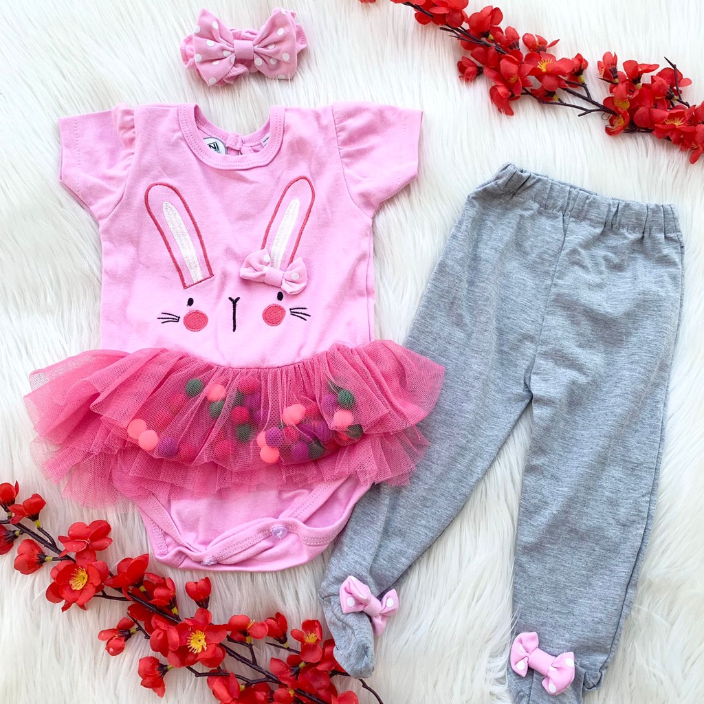 Baju setelan jumper celana legging tutup kaki babygirl lucu tile pompom murah keren cantik -BUN