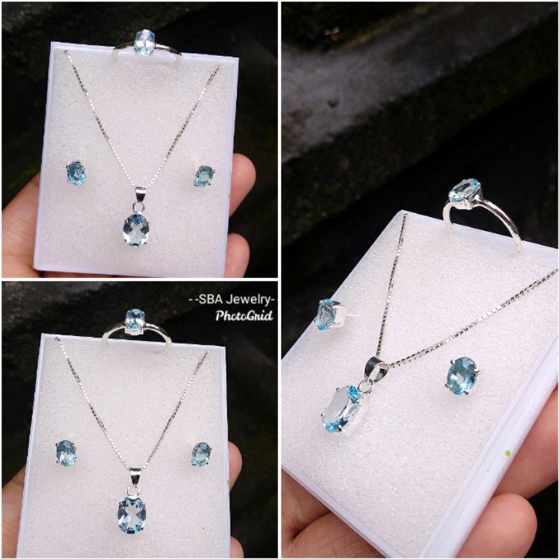 set perak asli 925% batu Aquamarine