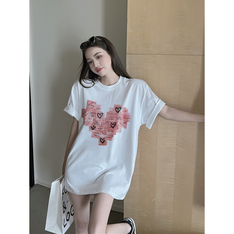 EUNII T-shirt Lengan Pendek Modis Cinta Pencetakan Longgar Korean Style/Kaos Atasan Wanita/Baju Kaus Oversize Wanita