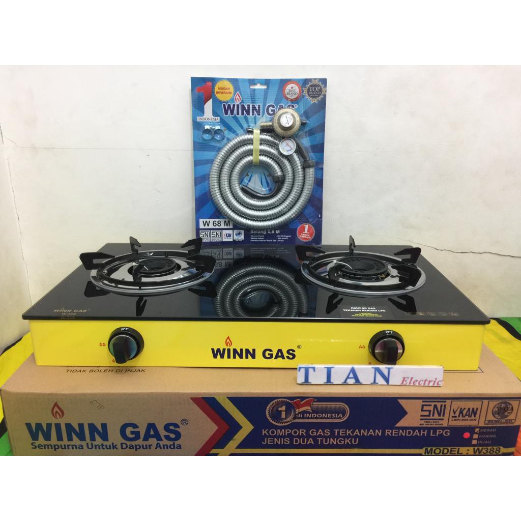 WINN GAS W-388 Kompor Gas 2 Tungku Glass + (Selang Paket Winn Gas)