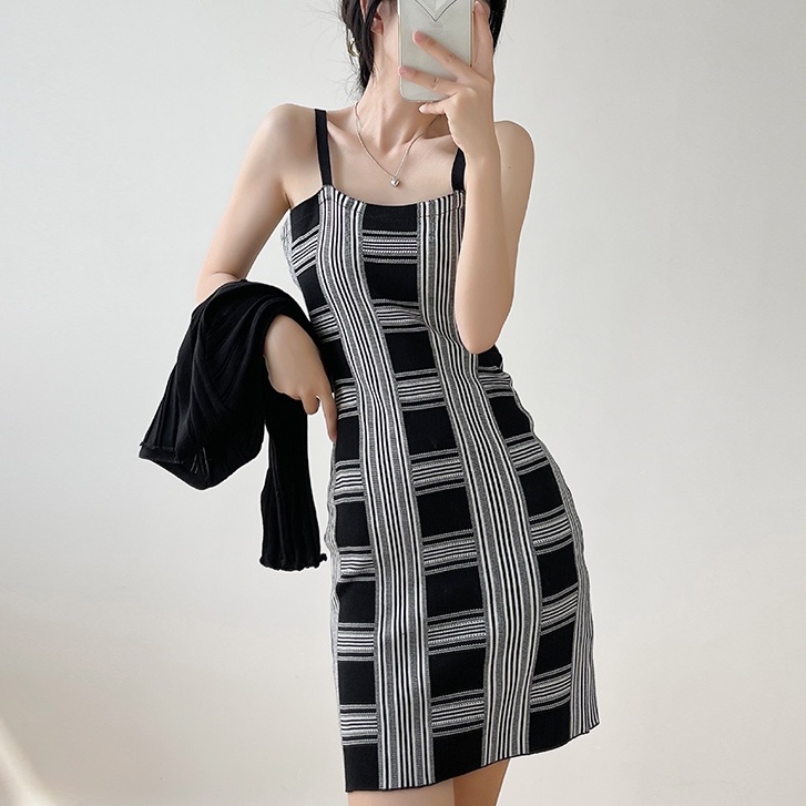 【Elegant】Korean  Checkerboard Plaid Knit Sleeveless Mini Dress 7488