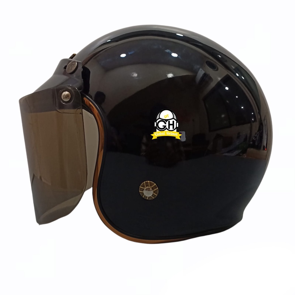 Helm Retro List Chrome Hitam Helm Bogo Half Face SNI Free Kaca Flat