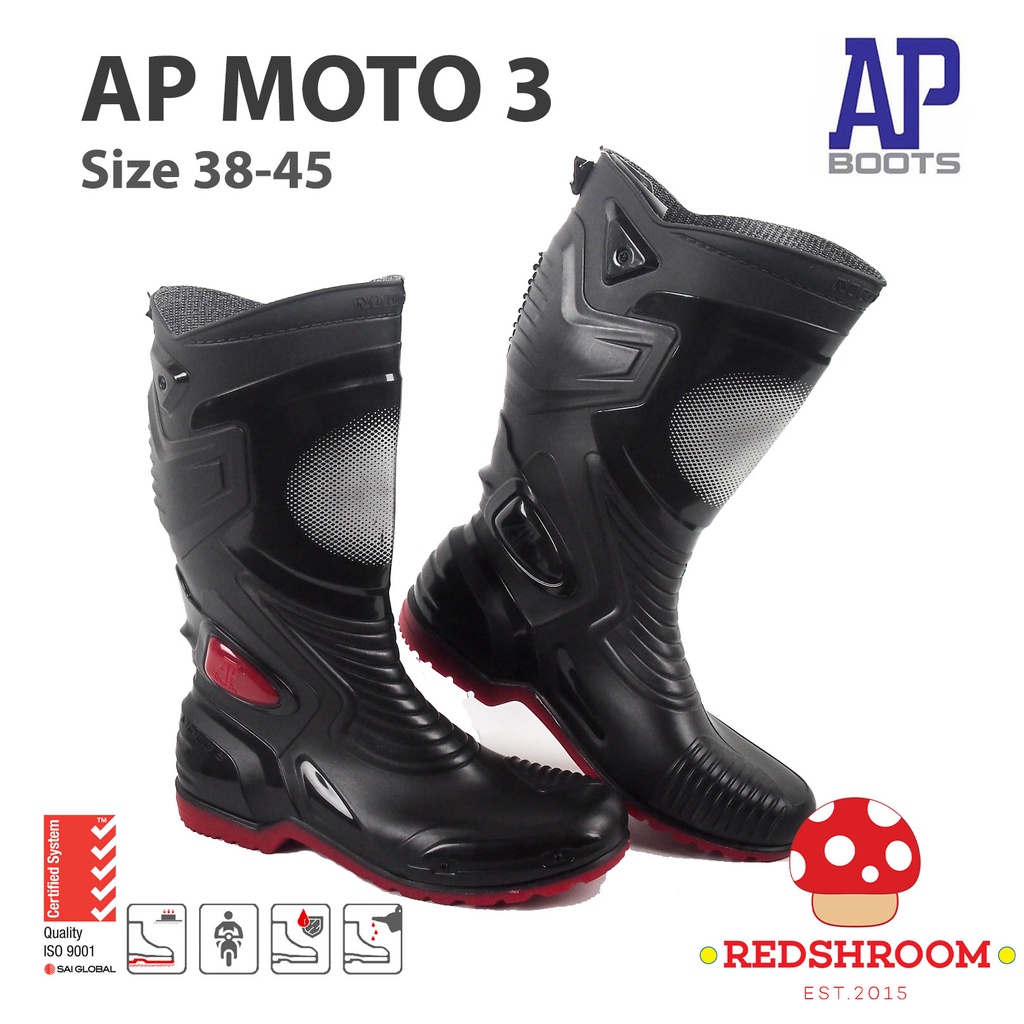 SEPATU BOOT TINGGI AP BOOTS AP MOTO 3 HITAM MERAH SEPATU BOOT KARET BIKERS MOTOR SEPATU ANTI SLIP FA