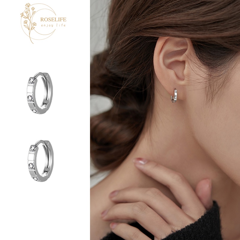 Roselife 1 Pasang Anting Hoop Kecil Lapis Silver S925 Hias Kubik Zirkon Untuk Wanita