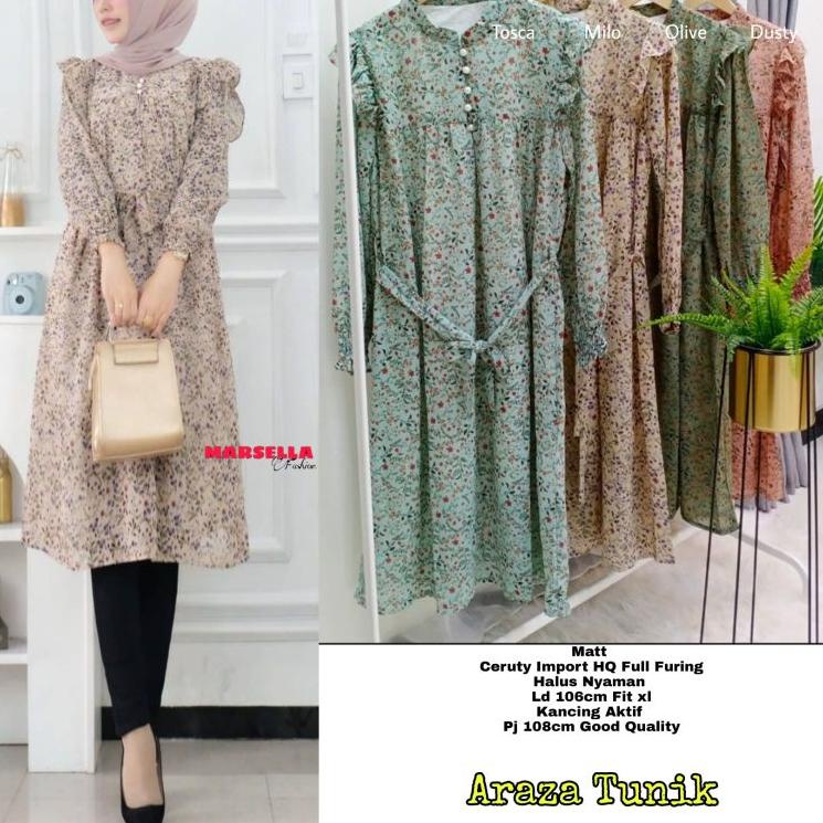 Model Baru.. araza long tunik marsela tunik ceruty tunik terbaru motif bunga baju atasan wanita keki