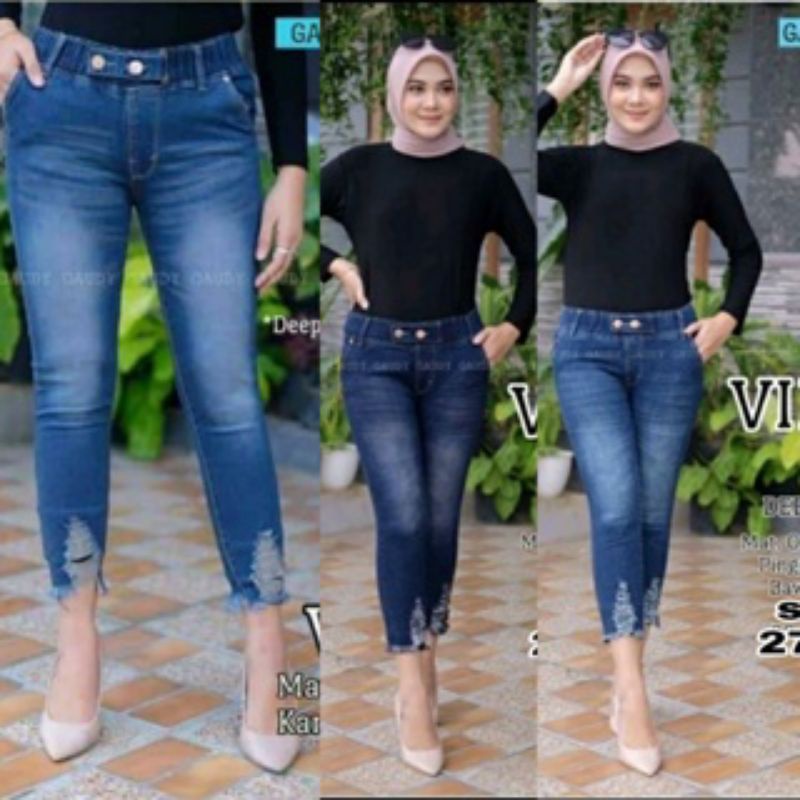 VIRGO Model Celana Jeans Sobek Jumbo Pinggang Karet Wanita Kekinian Terbaru 2022 Original Virgo Celana Baggy Pants Super