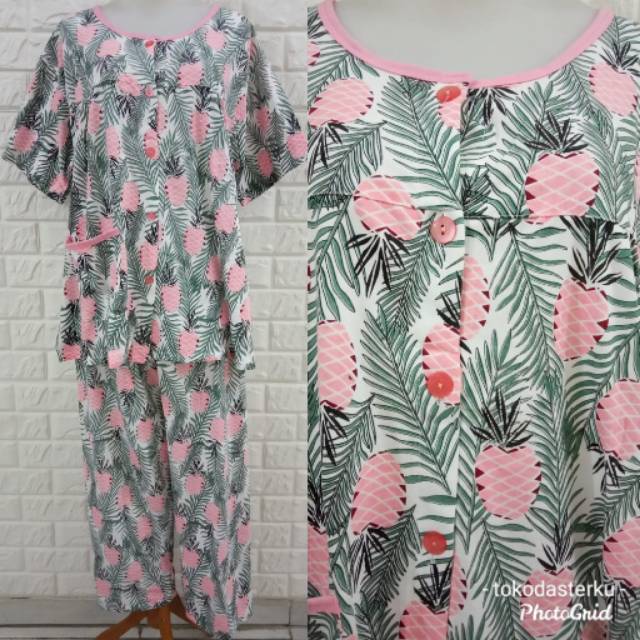 Piyama Full Kancing JUMBO Baju Tidur Kancing Lengan Pendek Celana Panjang BKH