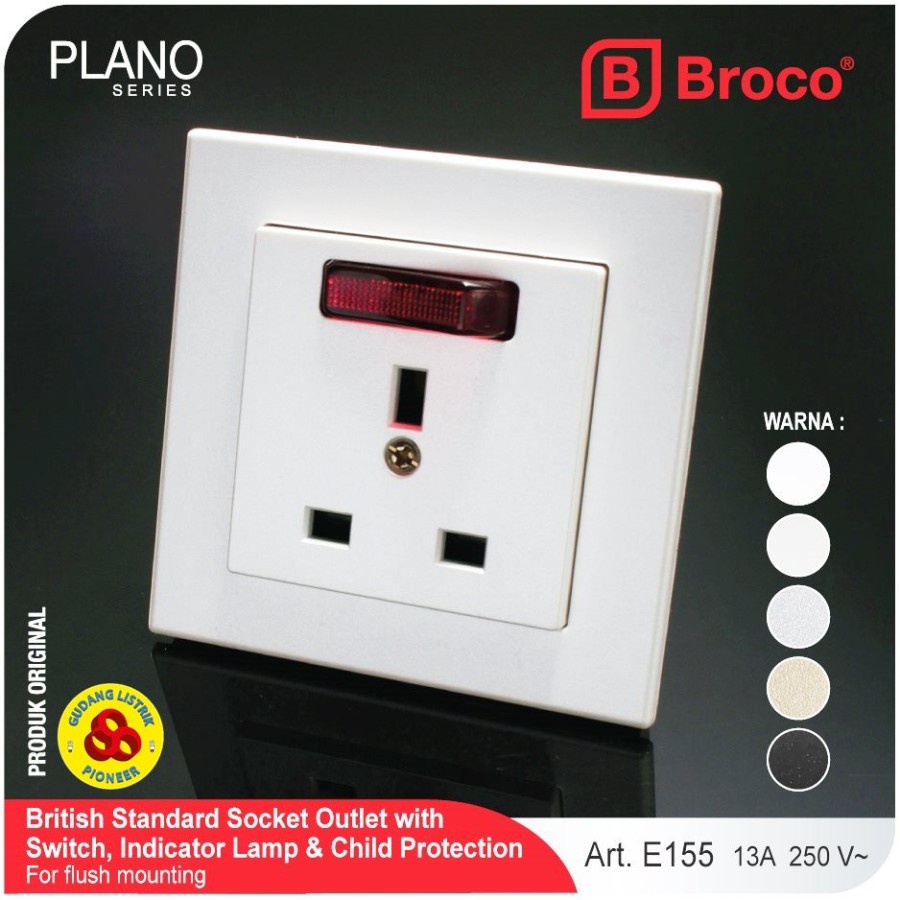 Broco Stop Kontak AC Plano E155 White Socket 3P Indikator Lampu