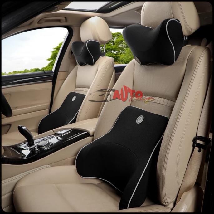 BANTAL MOBIL HEADREST DAN LUMBAR SUPPORT MEMORY FOAM - Beige, LEHER + LUMBAR