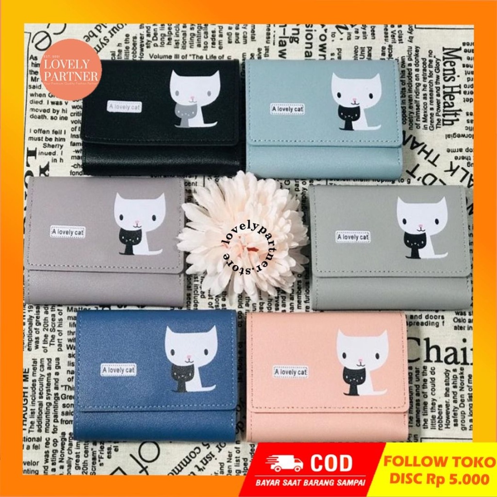 W20 Dompet Lipat Mini Wanita Kucing Lucu Cute Cat Murah Kantong Koin Kartu Uang Foto Cewek Women Wallet Kecil Perempuan Kulit PU Leather Binatang Putih Hitam Panjang  Korea Pria Cowok Laki Laki Cowo Import Premium Tas Cina Import Hadiah Cantik