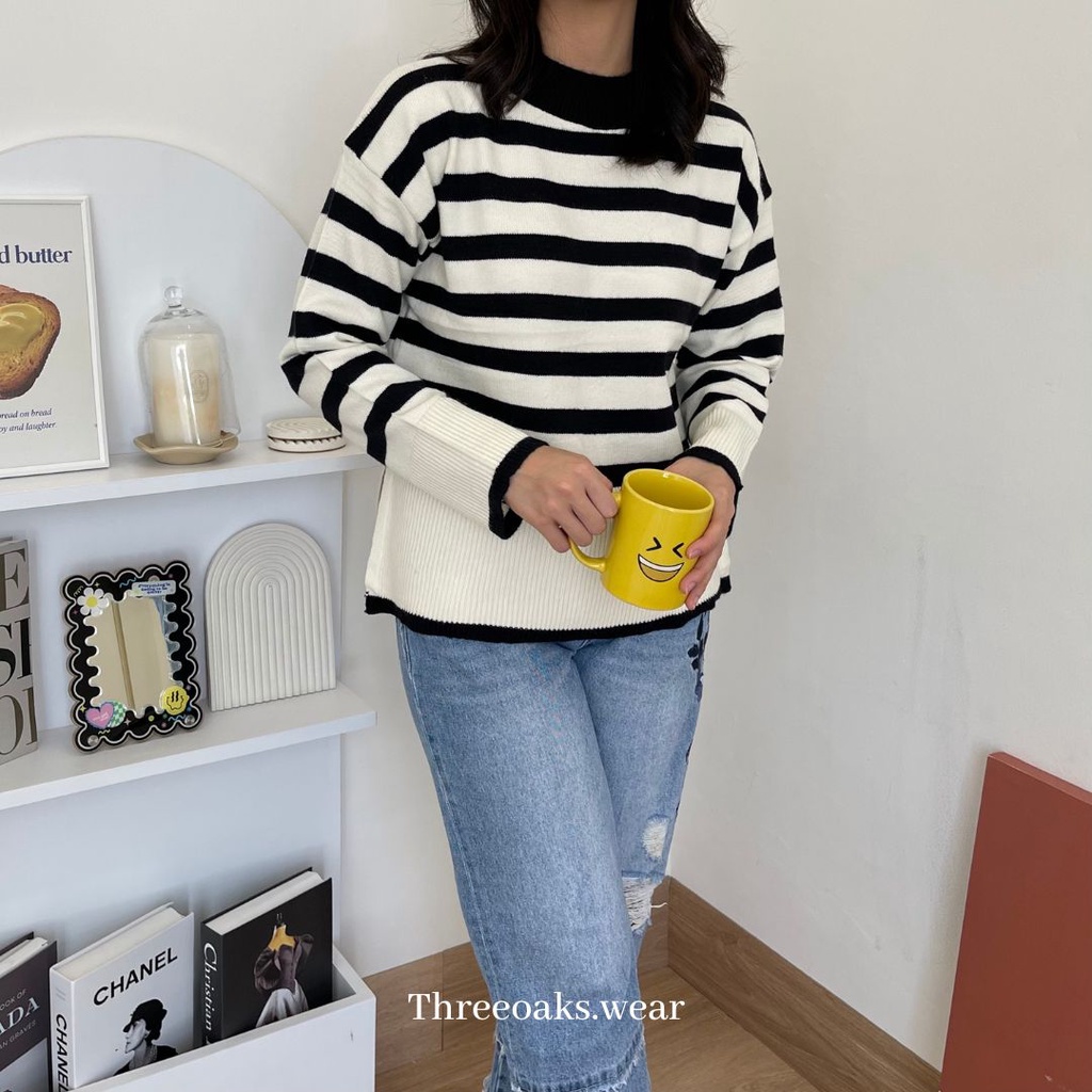 BUTTERCUP SWEATER - Sweater Rajut Garis Leher Bulet Tangan Panjang dengan Slit Samping Premium Import Korean Style