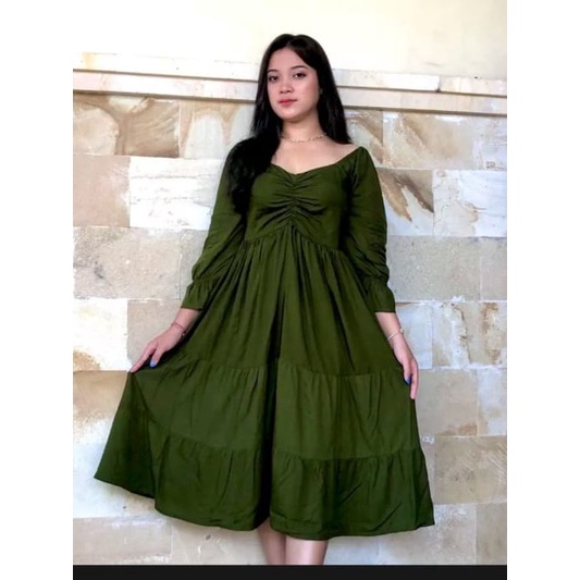 COD MIDI DRESS SUSUN SERUT DADA LENGAN PANJANG TERBARU KEKINIAN BAHAN RAYON TEBAL