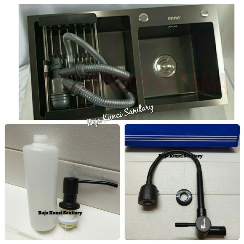 Kitchen Sink 7541 Hitam Onan Golden Hand+Kran Cuci Piring+Tempat Sabun Cair Hitam