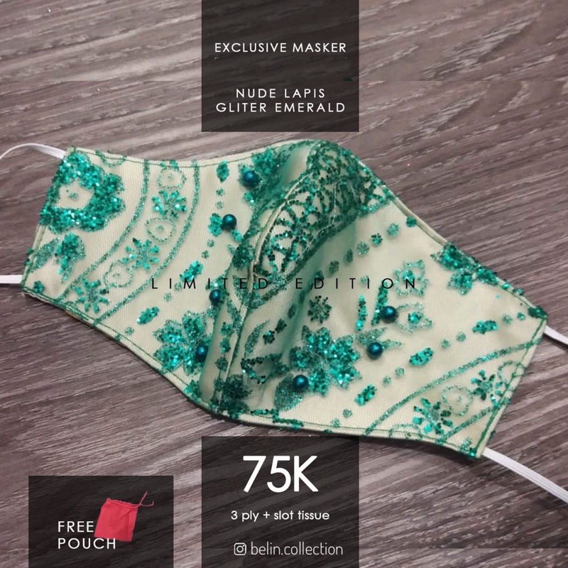 Masker Kain Brokay Gliter Premium Pesta Nude Lapis Hijau Green Emerald
