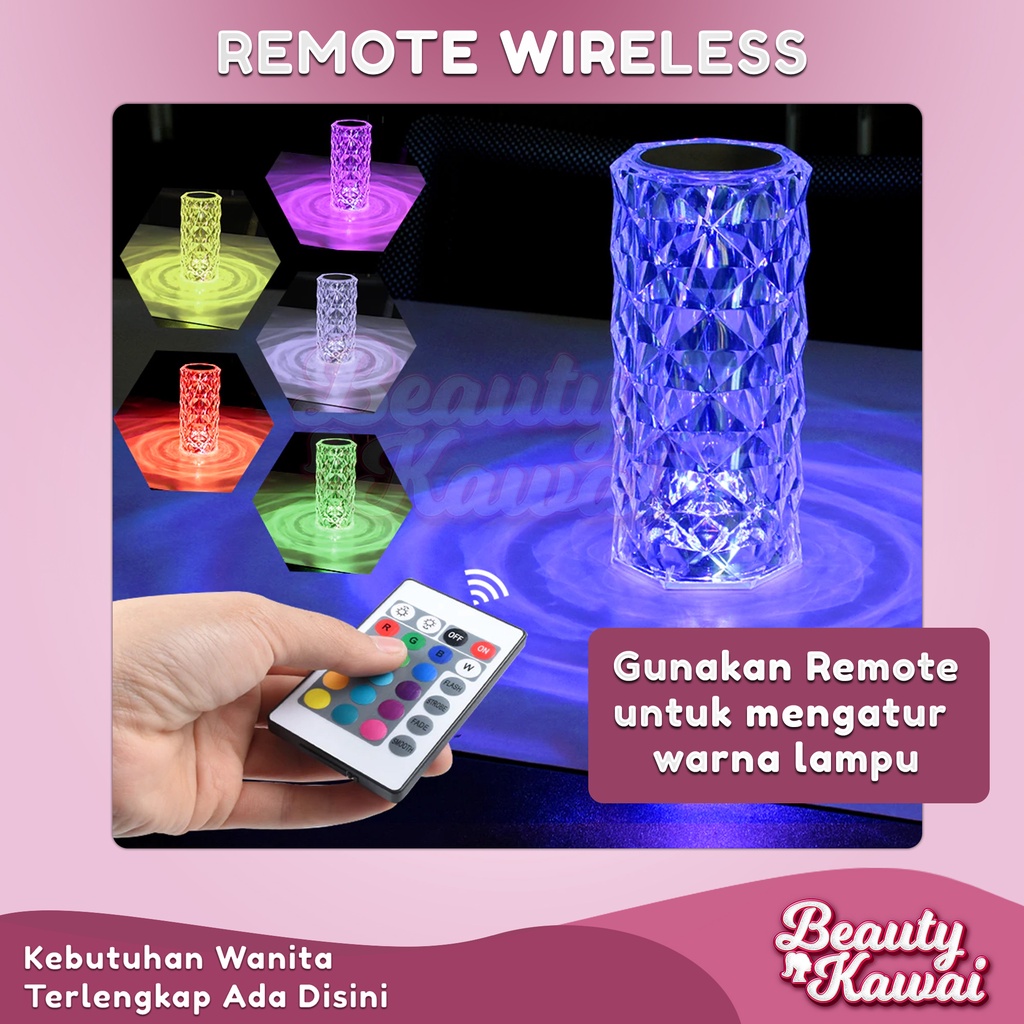 Lampu Meja Kristal Rose LED 16 Warna Crystal Lamp Tidur Remote Control