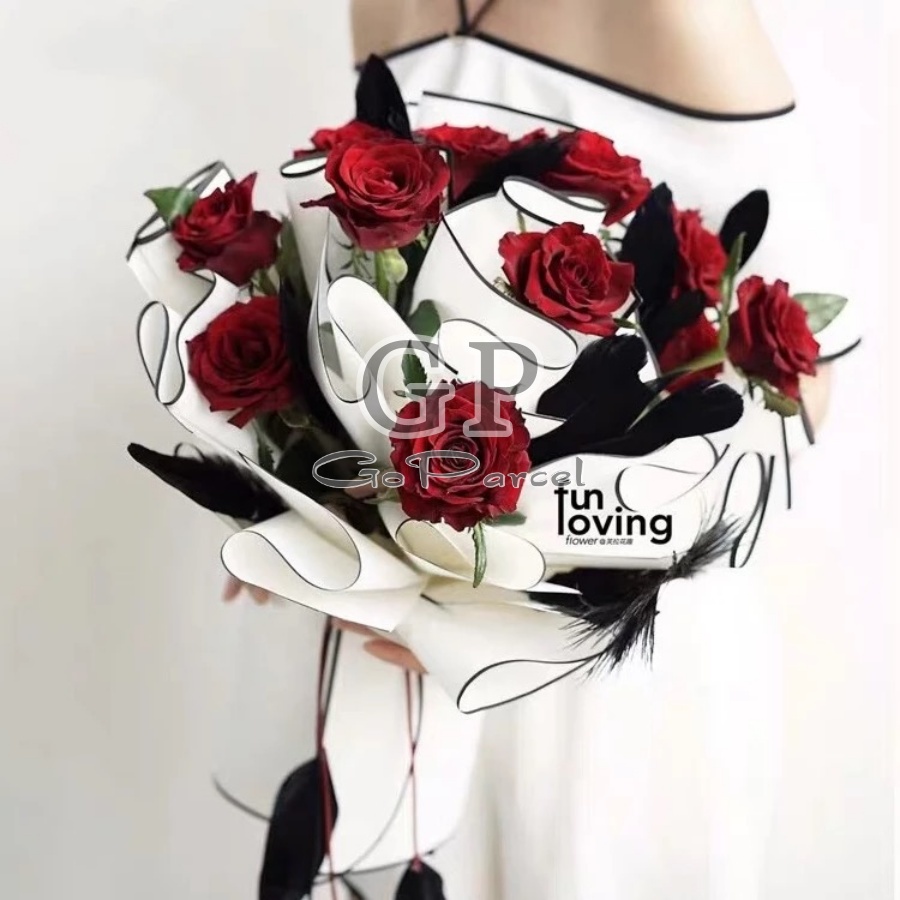 ( 5 Lembar ) MONOCHROME COLOR - FLOWER WRAPPING PAPER BLACK &amp; WHITE HITAM PUTIH MONOCHROME KOREAN PLASTIC CELLOPHANE KERTAS BUNGA FLORIST