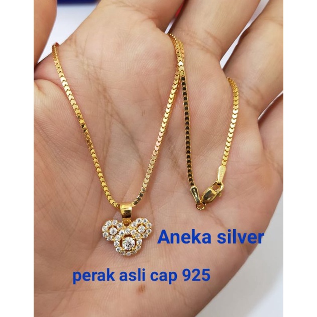 Kalung anak milano kaca + liontin mickey mouse, Perak 925, Sepuh Emas Kuning