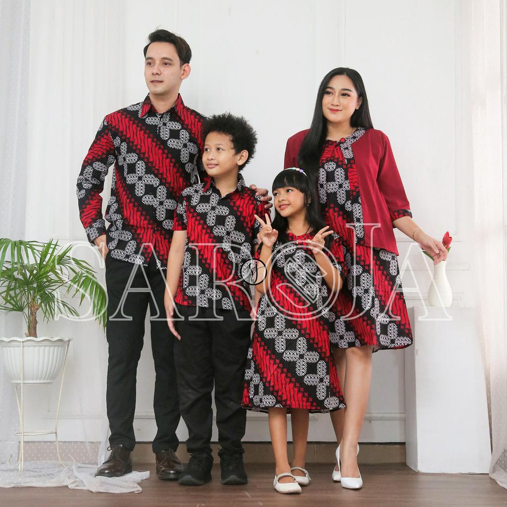 SAROJA | Couple Batik Keluarga Bolero Seno Merah | Dress Wanita Kantor Casual | Couple Natal Keluarga | Couple Natal Pasangan | Dress Natal Jumbo | Baju Natal Couple Keluarga Ayah Ibu Anak
