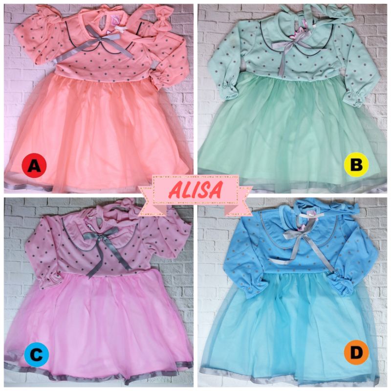 Dress Bayi Alisa Tile 3-12 Bulan Free Bandana Anak Perempuan Gaun Rok Polka Pink Tosca Tule Cantik T