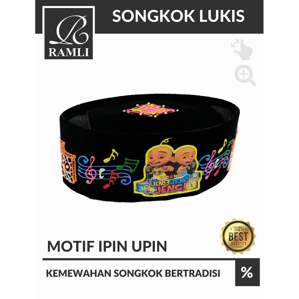Peci Songkok Anak Hitam Lukis Motif  Upin Ipin