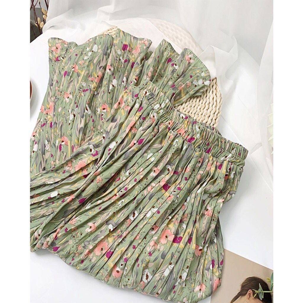 Rok Plisket Prisket Import/ Maxi Skirt Motif Lucu Floral Bunga Vintage Pastel (4 Varian Warna)