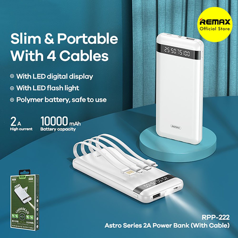 Remax Astro RPP-222 Powerbank 10000mAh  4 in 1 Kabel Cas Micro USB + USB Type-C + USB Lightning Fast