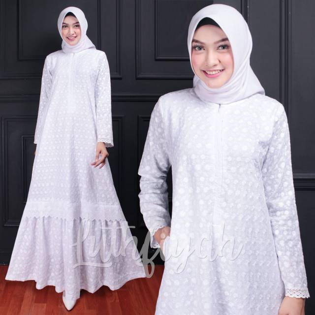 Gamis Umroh Rempel Haji Dress Putih Set Abaya Busana Baju Muslim Wanita
