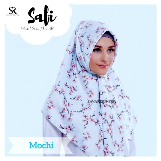 Mochi Jilbab Segi Empat Terbaru Motif Bunga Sakura by Safi bahan Satin Silky