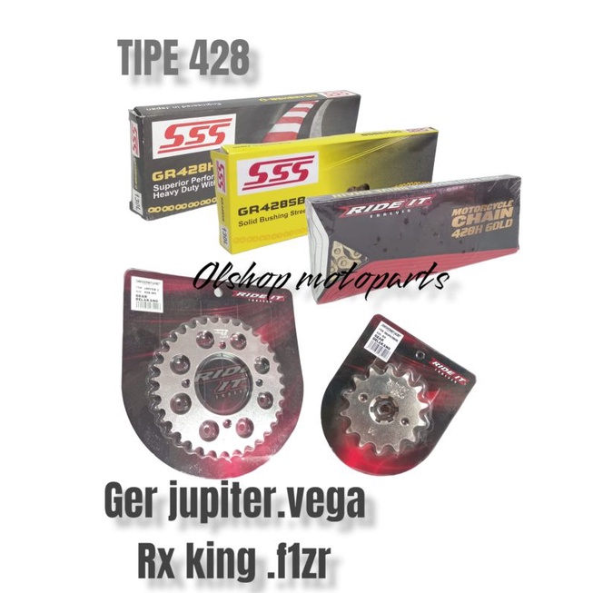 Gir set Ride it Tipe 428 gerset Rideit satu set(1set ) motor jupiter ,vega R ,jupiter mx ,Rx king ,f