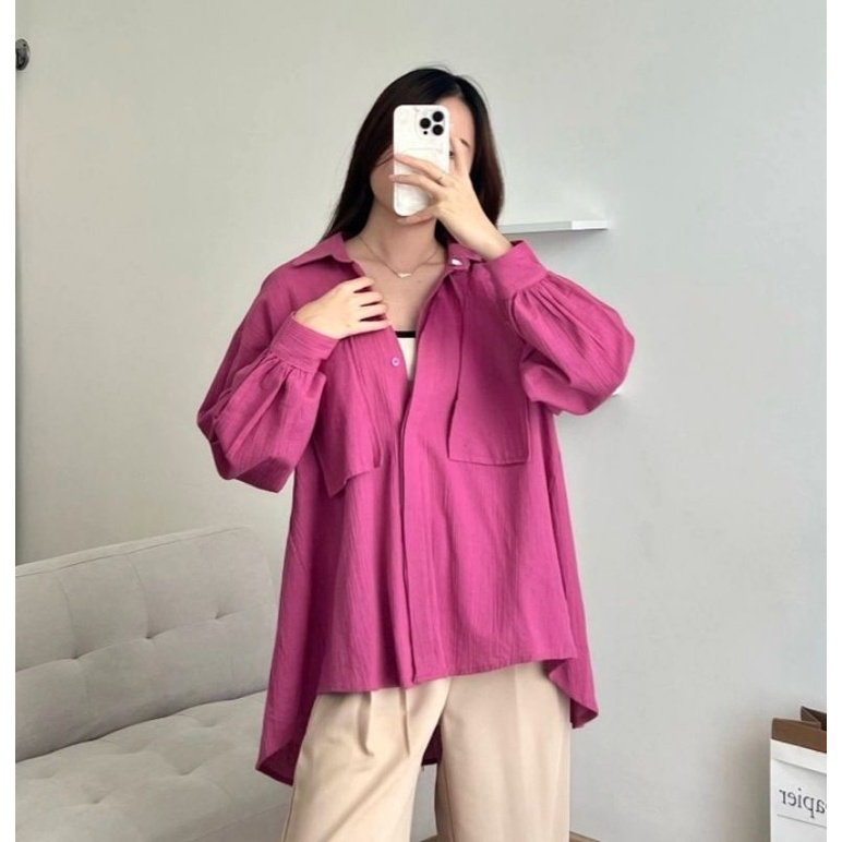 READY STOCK | Kemeja Oversize Linen blouse Wanita - Linen Crinkle Shirt - Atasan kemeja