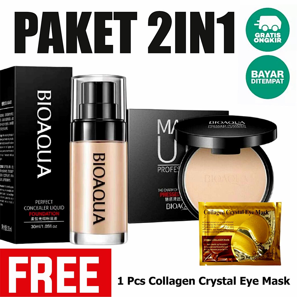 PAKET 2IN1 BIOAQUA ORIGINAL FOUNDATION DAN BEDAK PADAT FREE 1 PCS COLLAGEN CRYSTAL EYE MASK