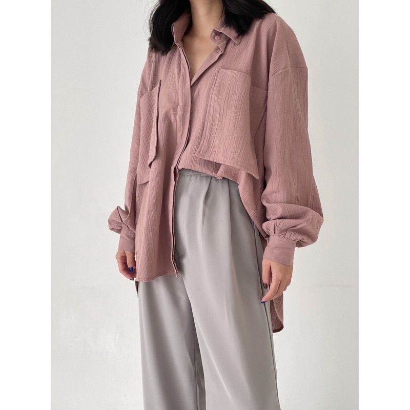 GMS - Alice Top Long Shirt Cringkle Oversize Pocket Ld 120 Fit S-XL Fashion Baju Atasan Blouse Kemeja Polos Casual Remaja Wanita Muslim Korean Style