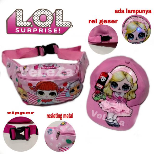 Tas Selempang Anak Perempuan Karakter LOL + Topi Led