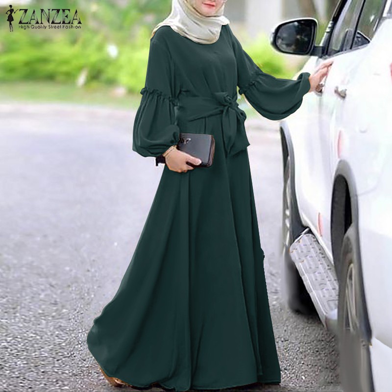 ZANZEA Women Lantern Sleeve Elastic Cuffs Ruffles Muslim Long Dress