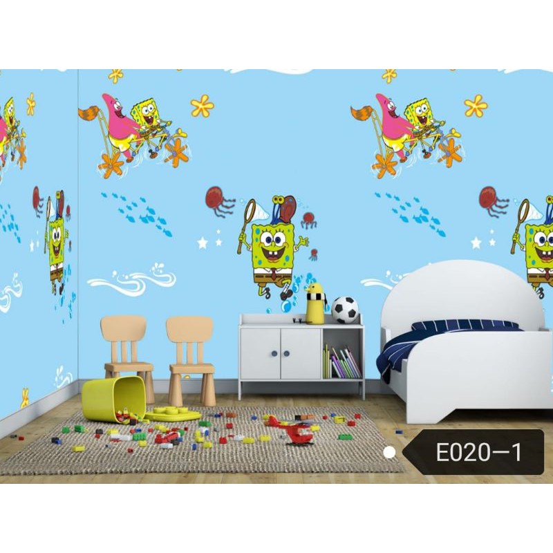 wallpaper stiker dinding motif spongebob biru