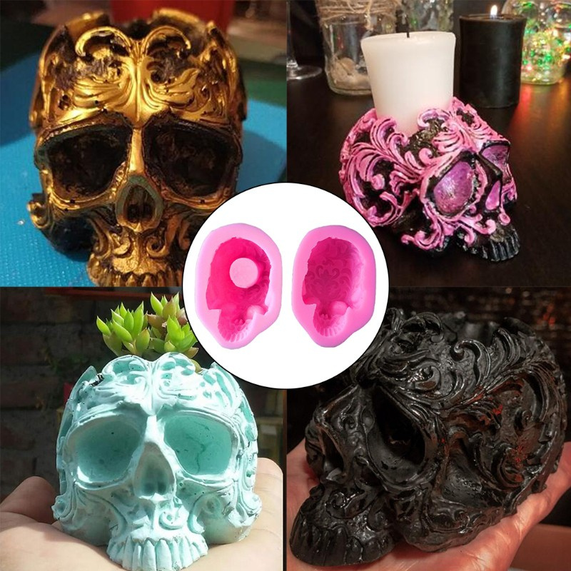 Glitter Skull Head Ashtray Epoxy Resin Mold Flowerpot Plant Pot Silicone Mould DIY Crafts Plaster Home Decoration Ornaments Casting Tool