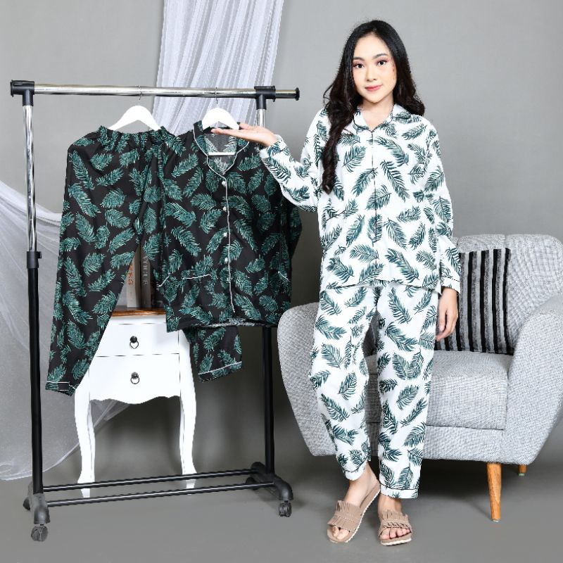 Baju Tidur Piyama Wanita/Cewek Pajamas Dewasa Katun Motif Coco Daun PP Lengan Panjang Kekinian