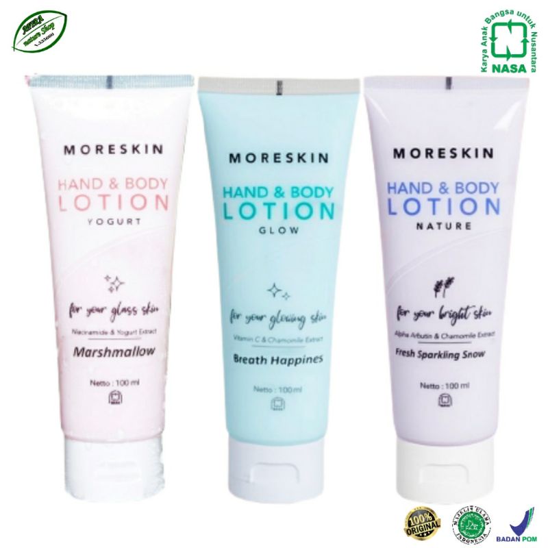 Moreskin Hand & Body Lotion Breath Happines (Glow) Marshmallow (Yoghurt) Free Sparkling Snow (Nature