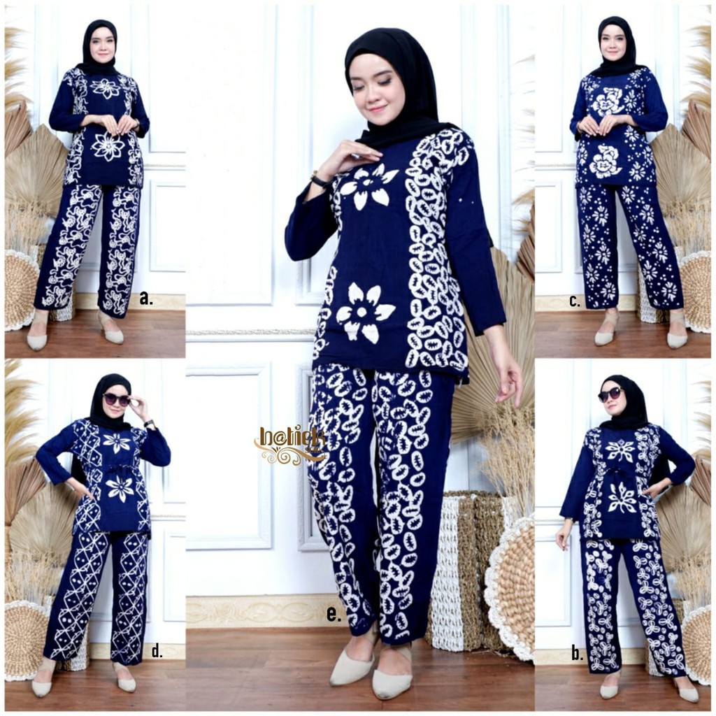 Baju Batik Setelan Wanita Jumbo Korea Kekinian Terbaru Lengan Panjang||Set CP Malaman Navy Pola 2
